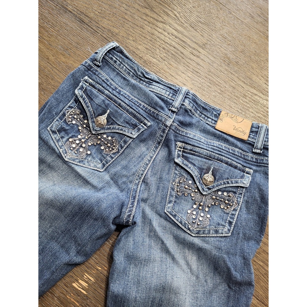 Vanity Jeans Womens 27/35 Premium Blue Denim Mid Rise Tapered Jeweled Jean